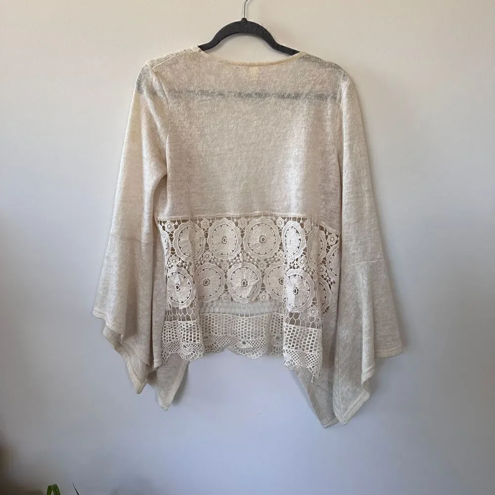 Alya Knit Crochet Cardigan Sweater Boho Long Sleeve Cream Soft Womens Size Small